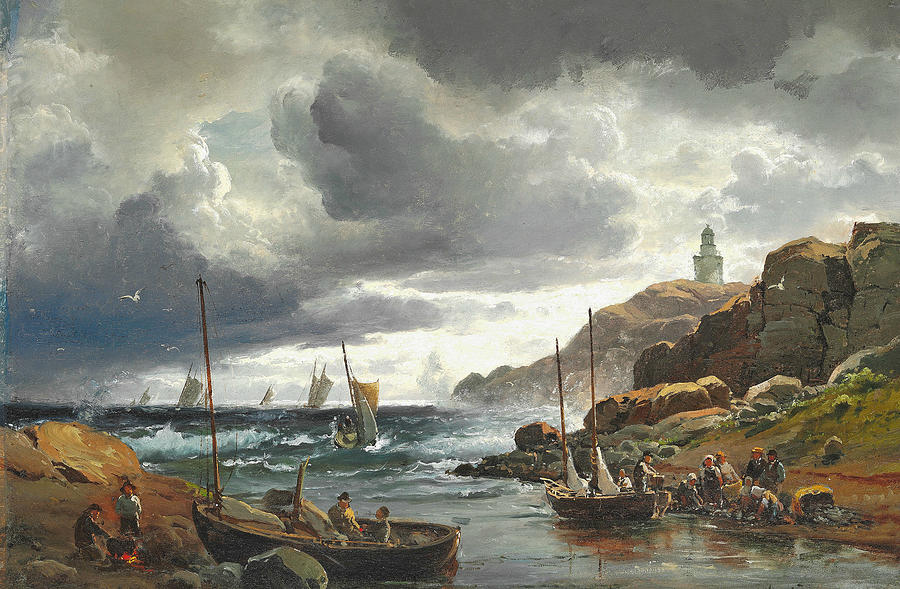 Gathering storm off the coast at Vinga lighthouse at Gothenburg, 1860 Painting by Carl Frederik Sorensen