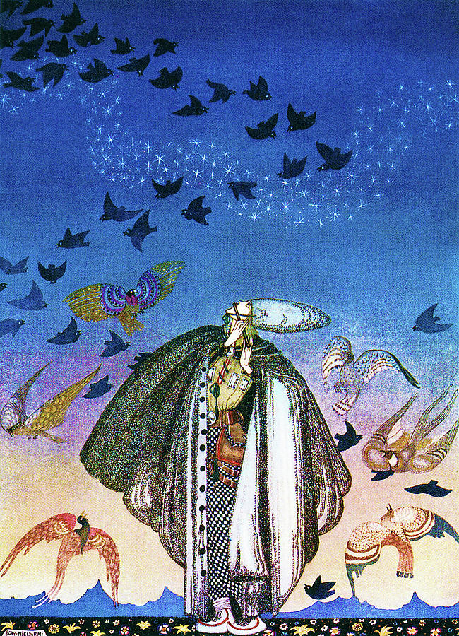 Gathering young soldiers and birds gathering magic whistles Painting by Kay Nielsen