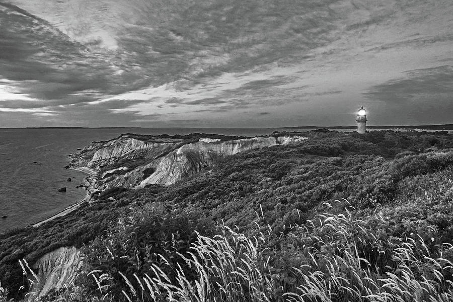 Gay Head Lighthouse Aquinnah Massachusetts Marthas Vineyard at Sunset Black and White Photograph by Toby McGuire