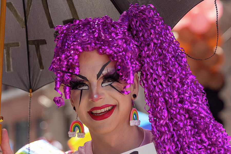 Drag Queen Photograph - Gay Pride NYC 6_25_23 Pride  Drag Queen Purple Wig 2 by Robert Ullmann