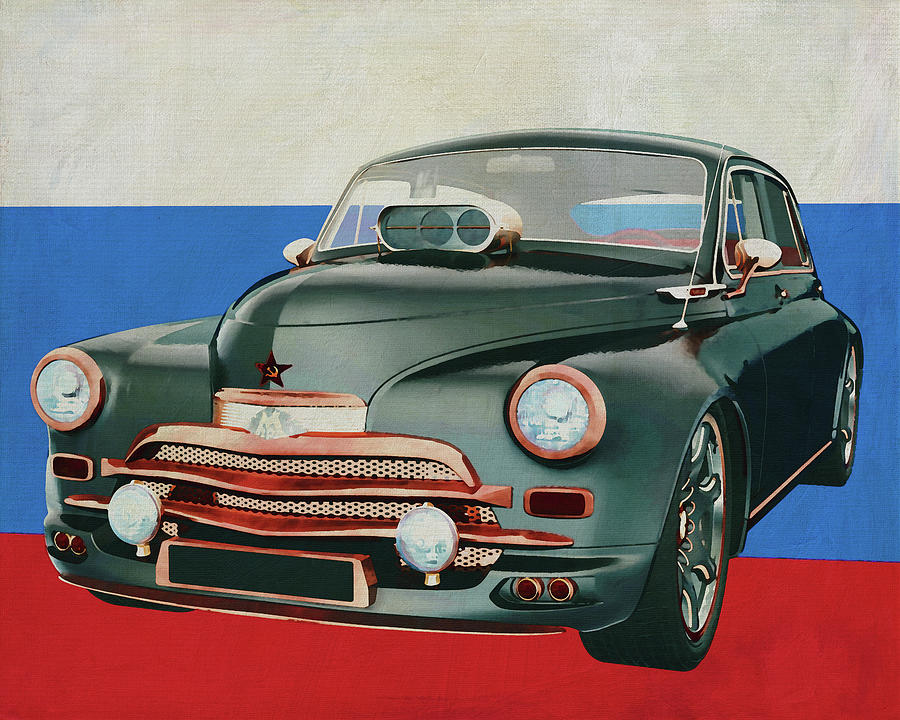 GAZ M20V 1946 with flag of Russia Painting by Jan Keteleer