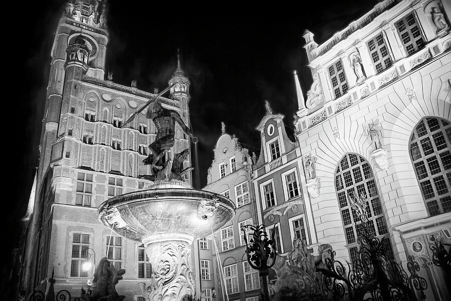 Gdansk By Night Neptunes Fountain And Town Hall Black And White Photograph