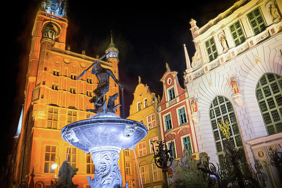 Architecture Photograph - Gdansk by Night Neptunes Fountain and Town Hall by Carol Japp