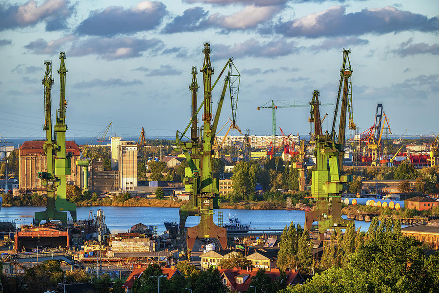 Gdansk Shipyard Cranes At Sunset In Poland Photograph by Artur Bogacki