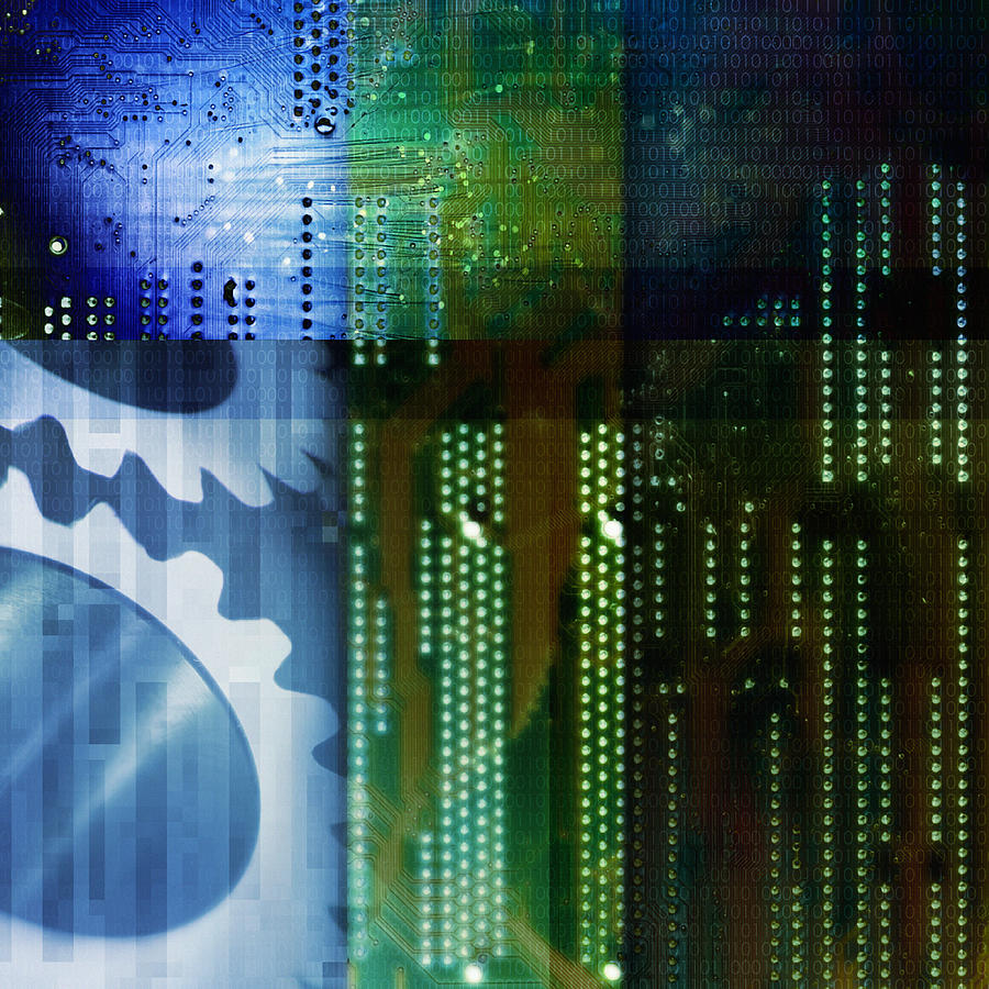 Gears and circuit board (Digital Composite) Photograph by Chad Baker/Ryan McVay