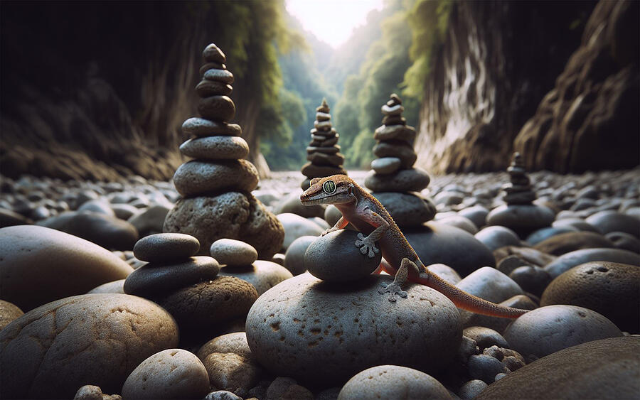 Nature Photograph - Gecko and the Cairns by Bill Cannon