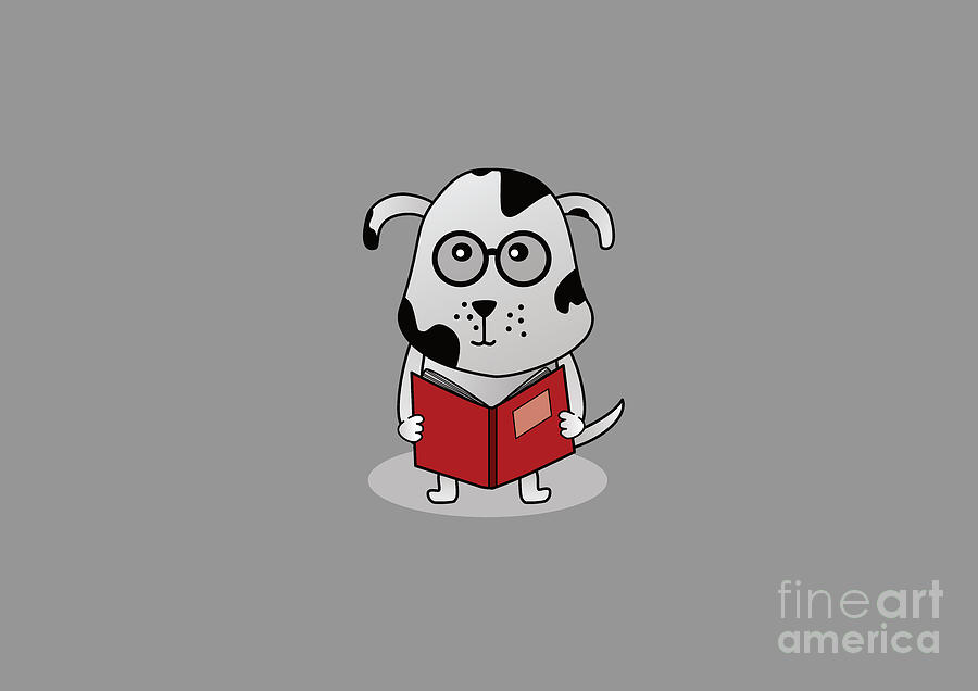 Geeky Bookworm Dog Cartoon in Spectacles Digital Art by Barefoot Bodeez Art