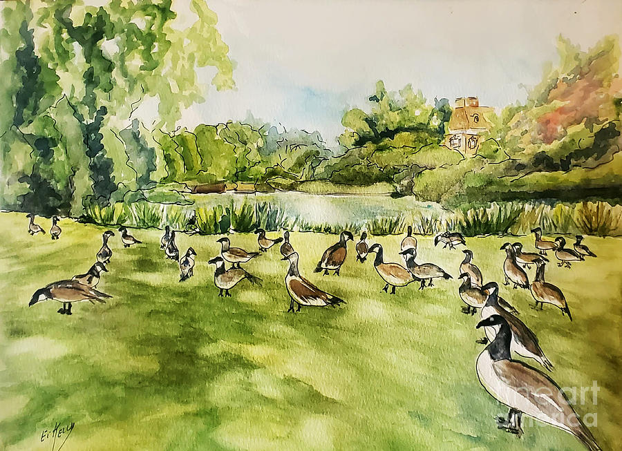 Geese at Old Westbury Gardens Painting by Eileen Kelly