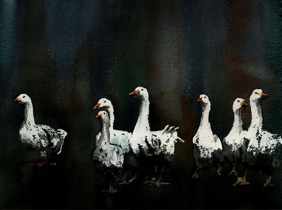 Geese everywhere in Ireland Painting by Val Byrne