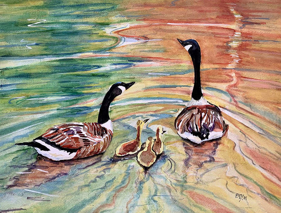 Geese Family Swim Painting by Clara Sue Beym