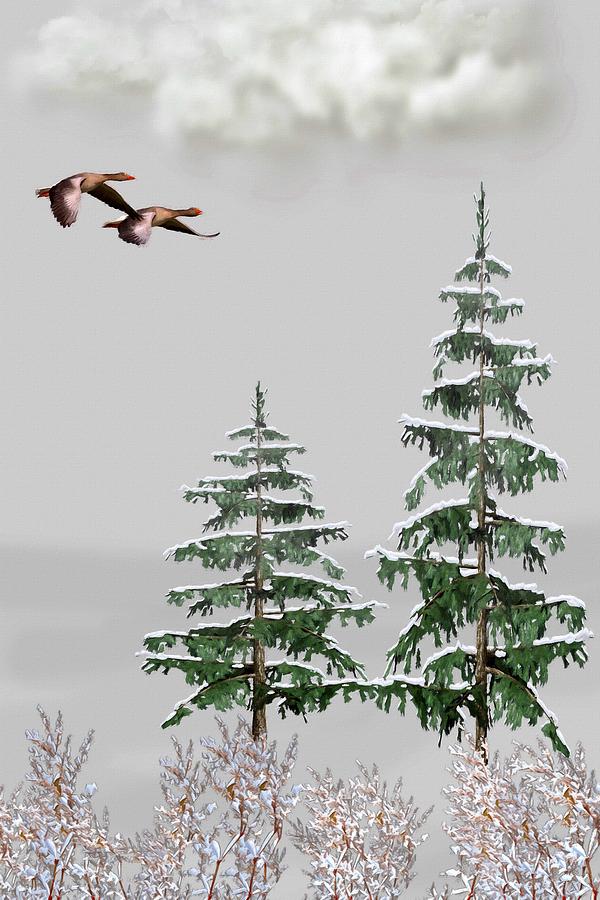 Geese Flying Over The Winter Pines Color Mixed Media by David Dehner