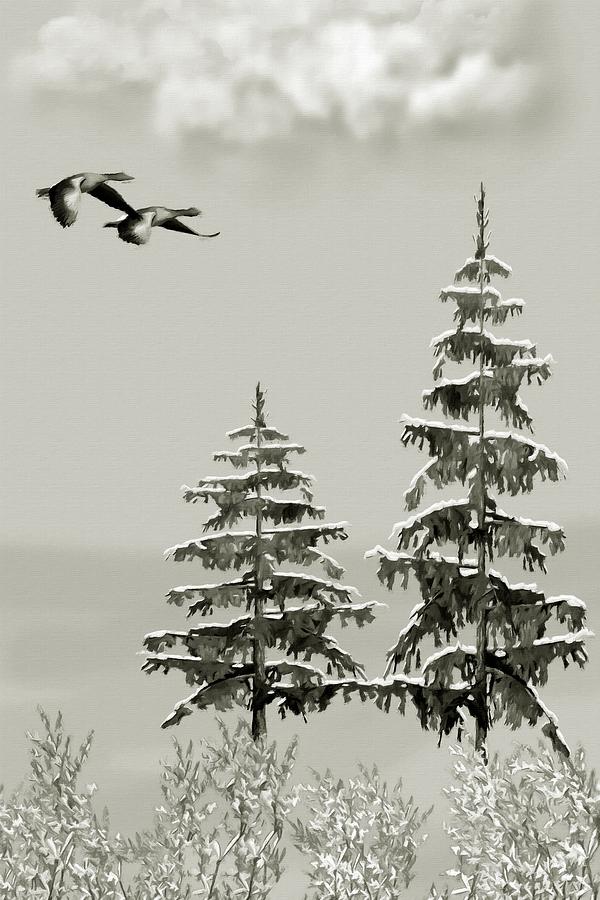 Geese Flying Over The Winter Pines Mixed Media by David Dehner