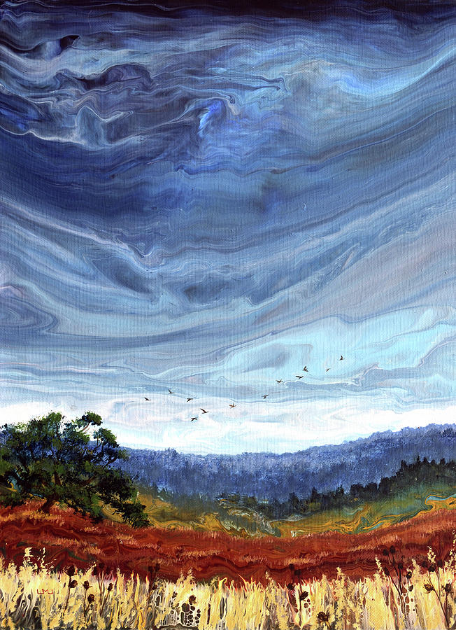Geese Flying Through the Autumn Blue Sky Painting by Laura Iverson