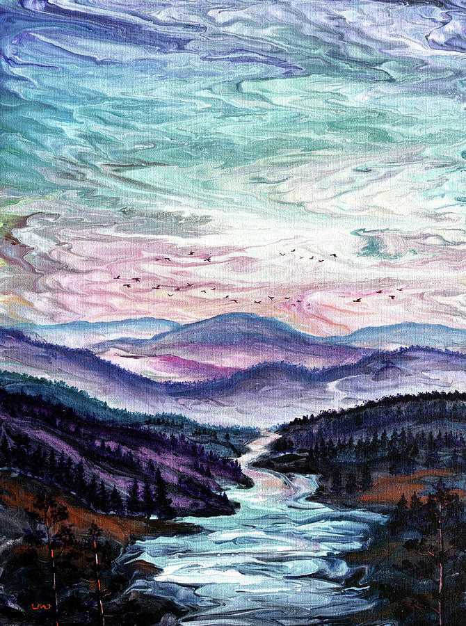 Geese Over a River Gorge Painting by Laura Iverson