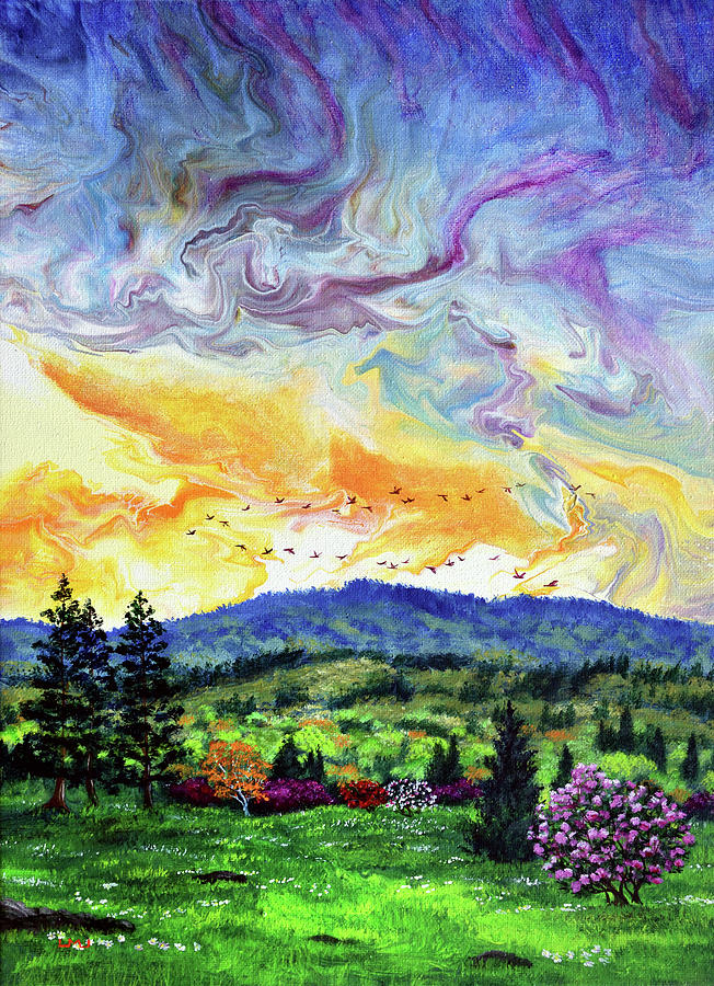 Geese Over a Springtime Vista at Sunset  Painting by Laura Iverson