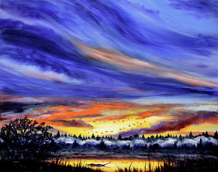 Geese Over a Wetlands Pond at Sunrise Painting by Laura Iverson