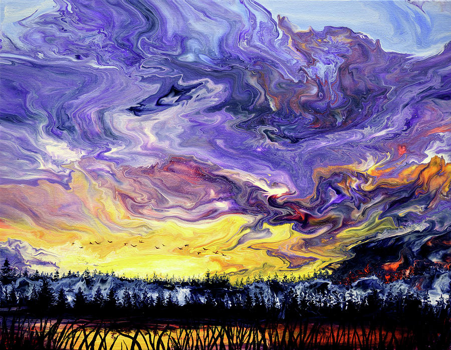 Geese Over a Wetlands Pond at Sunset Painting by Laura Iverson