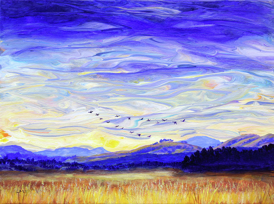 Geese Over Purple Mountains and Golden Wetlands Painting by Laura Iverson