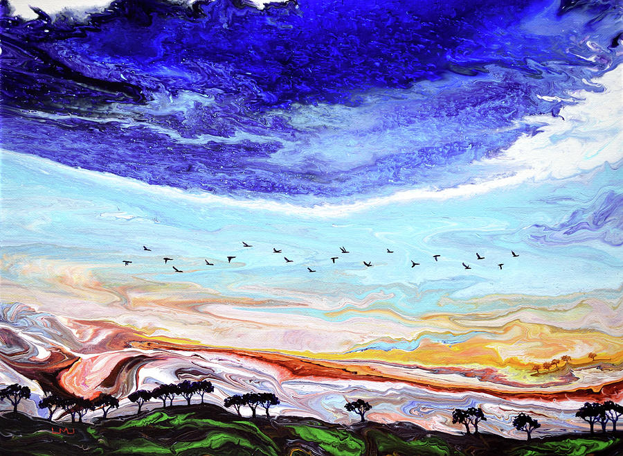 Geese Over Rolling Hills Painting by Laura Iverson