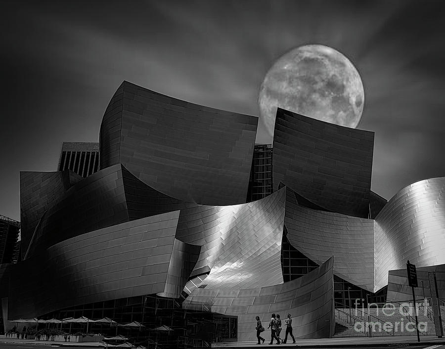 Architecture Photograph - Gehry Moon Glow Los Angeles 007 BW by Chuck Kuhn