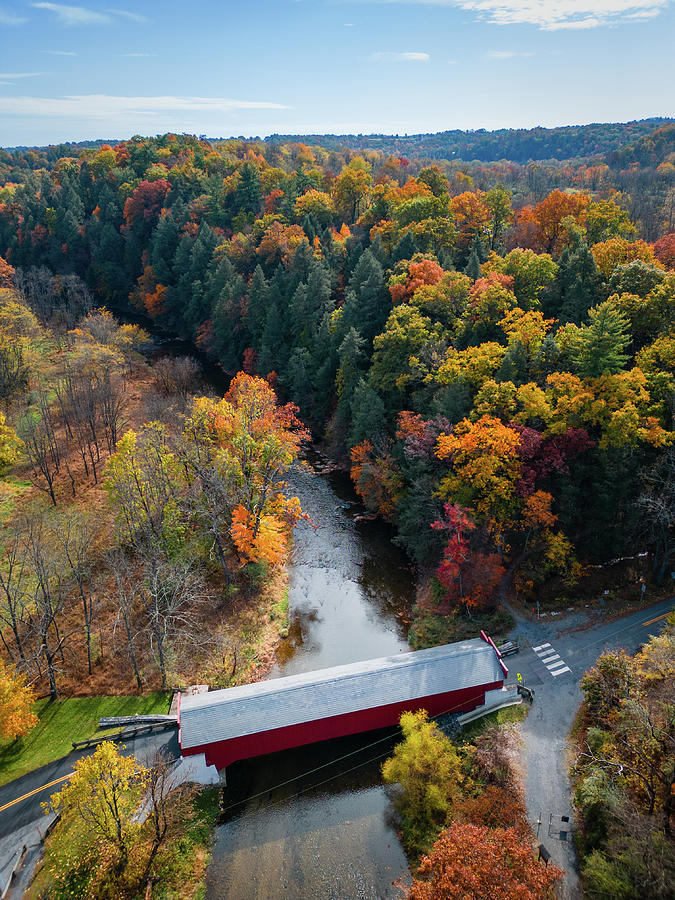 Geigers Covered Bridge Fall Aerial Photograph by Jason Fink