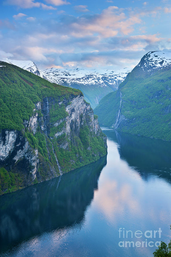 Nature Photograph - Geirangerfjord sunset, Norwegian Fjords, Norway by Justin Foulkes