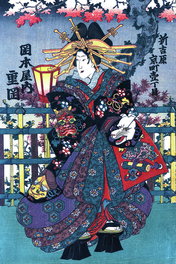 Geisha, Courtesan Shigeoka, Restored Antique Ukiyo-e Color Japanese  Woodblock Print Painting by Orchard Arts