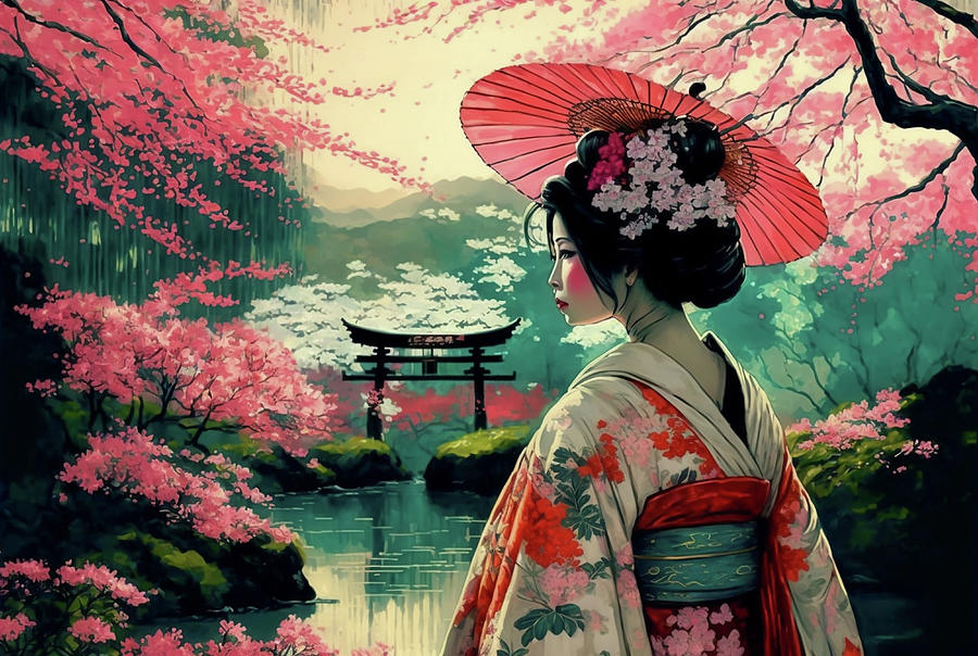 Geisha Holding Umbrella In Garden Photograph by Athena Mckinzie - Pixels