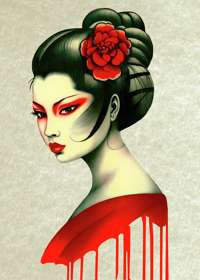 Flower Drawing - Geisha in red and black 1 by Yontartov