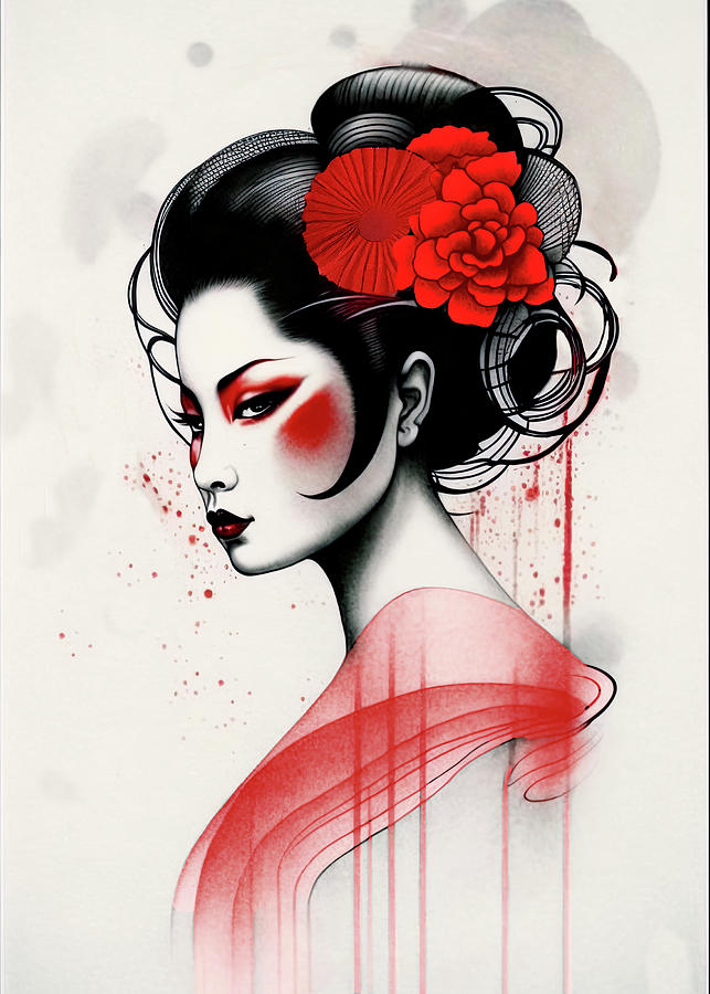 Geisha in red and black 2 Drawing by Yontartov - Fine Art America