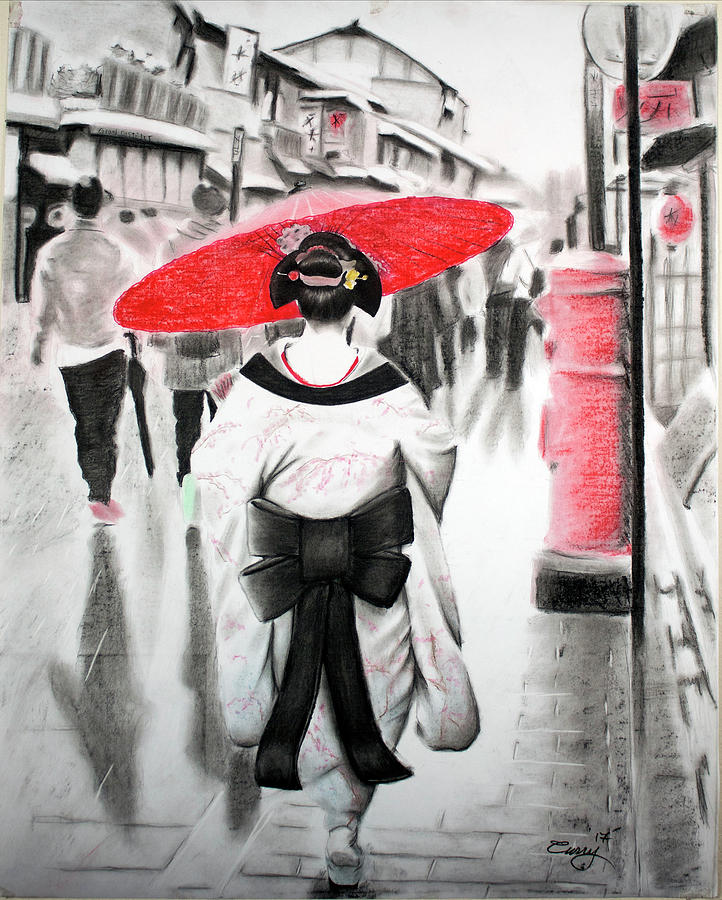 Geisha in Town Drawing by Myron Curry