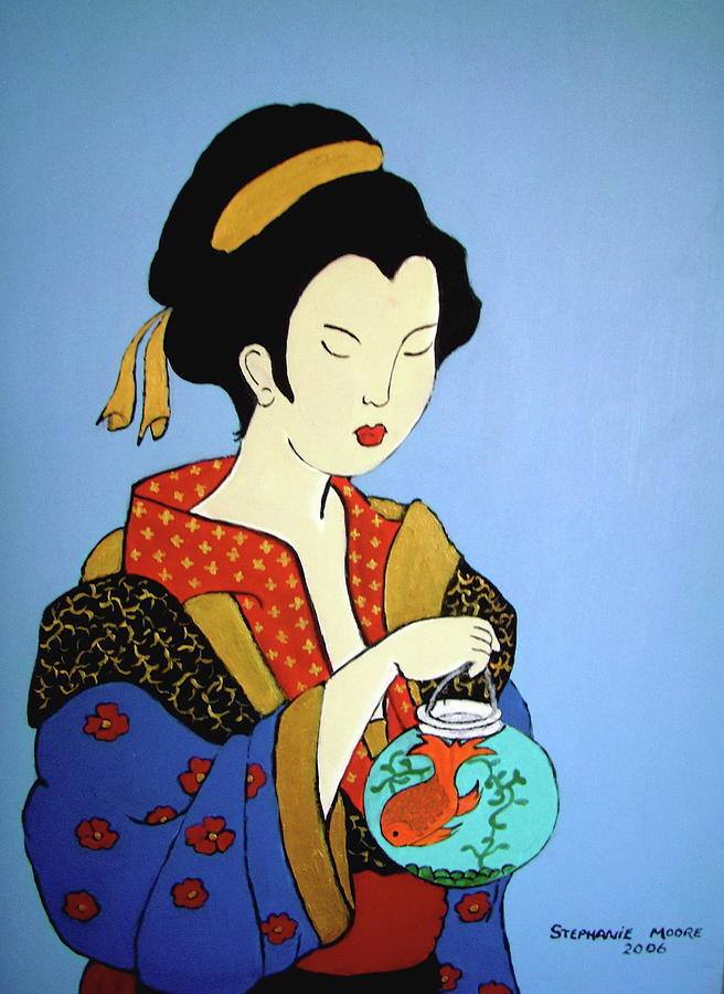 Geisha with a goldfish Painting by Stephanie Moore