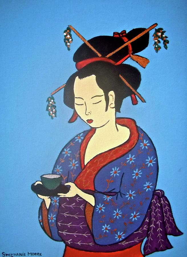Geisha with cup Painting by Stephanie Moore