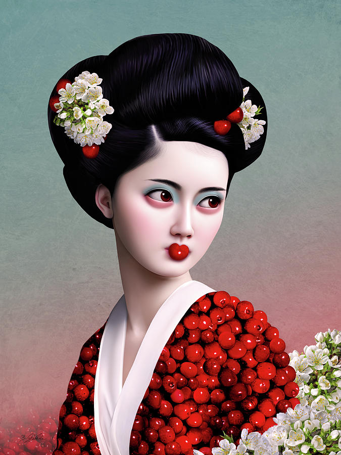 Geisha with Kimono made of cherries and flowers Mixed Media by Britta Glodde