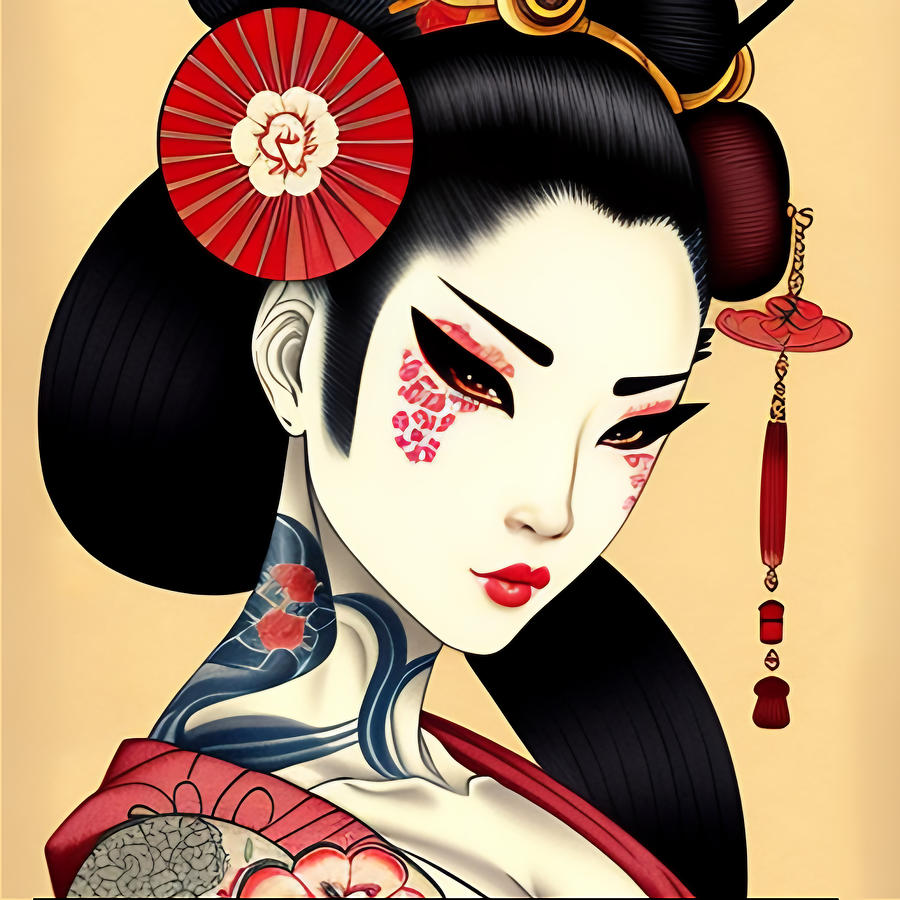 Geisha with Red Fan and Tattoos Portrait in Traditional Japanese Style ...