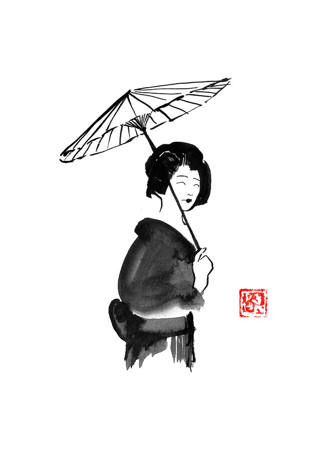 Umbrella Drawing - Geisha With Umbrella by Pechane Sumie