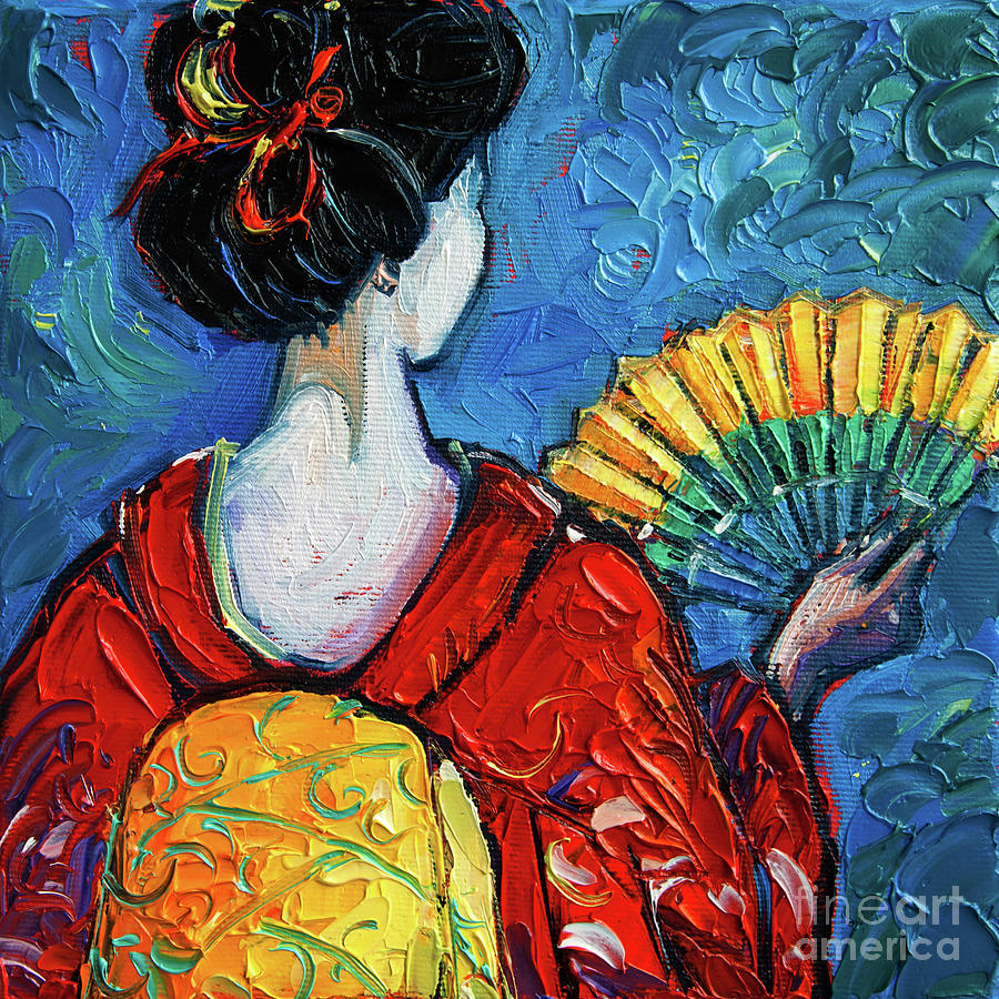 GEISHA WITH YELLOW FAN commissioned palette knife oil painting Mona Edulesco Painting by Mona Edulesco