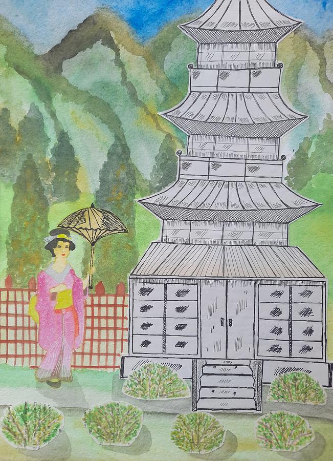 Mountain Mixed Media - Geisha woman and Japanese temple  by Kiruthika S