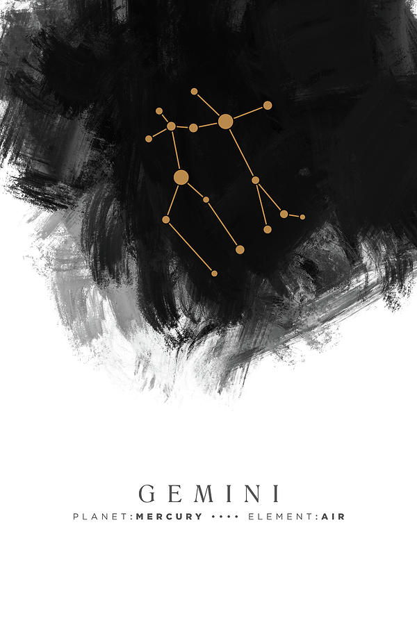 Gemini Zodiac Sign - Minimal Print - Zodiac, Constellation, Astrology, Good Luck, Night Sky - Black Mixed Media