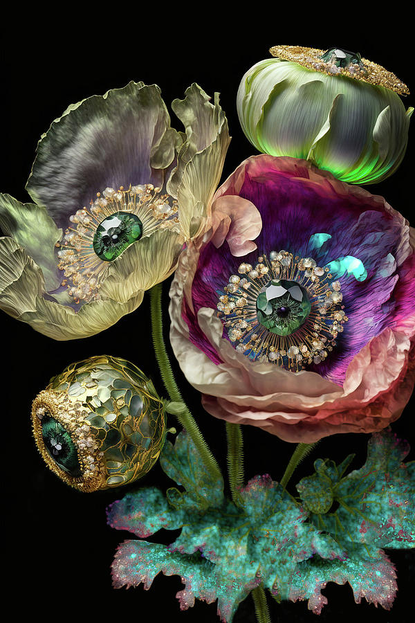 Poppy Digital Art - Gemstone Opium Poppies - Fantasy Flower Art by Peggy Collins
