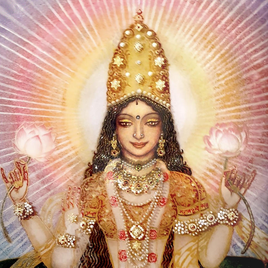 Gemstone-painting Lakshmi On The Lotus Throne - Detail Glass Art