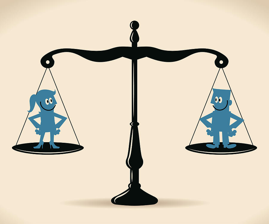 Gender Equality, smiling businessman and businesswoman standing on equal-arm balance scale Drawing by Alashi