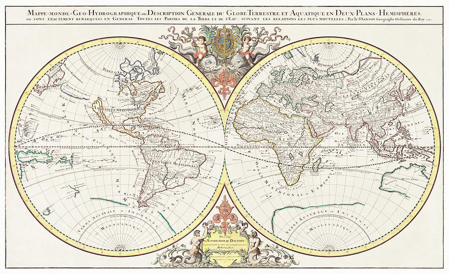 Map Drawing - General description of the terrestrial and aquatic globe in two hemispherical planes 1691 by Alexis Hubert Jaillot