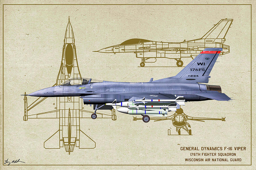 General Dynamics F-16 Blueprint - Art Digital Art by Tommy Anderson