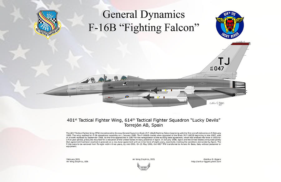 General Dynamics F-16B Fighting Falcon 614TFS FLAG BACKGROUND Digital Art by Arthur Eggers