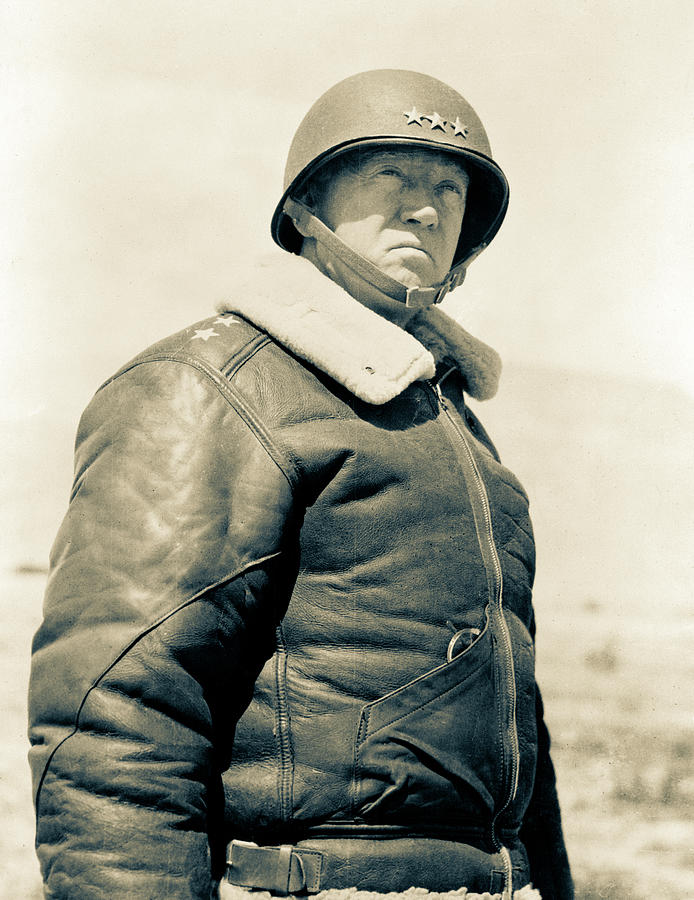 Portrait Painting - General George Patton, wearing Leather Jacket and Helmet with three Stars, 1943 by American History