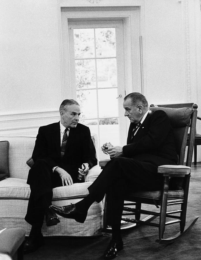 General Maxwell Taylor and President Johnson - Oval Office 1965 Photograph by War Is Hell Store