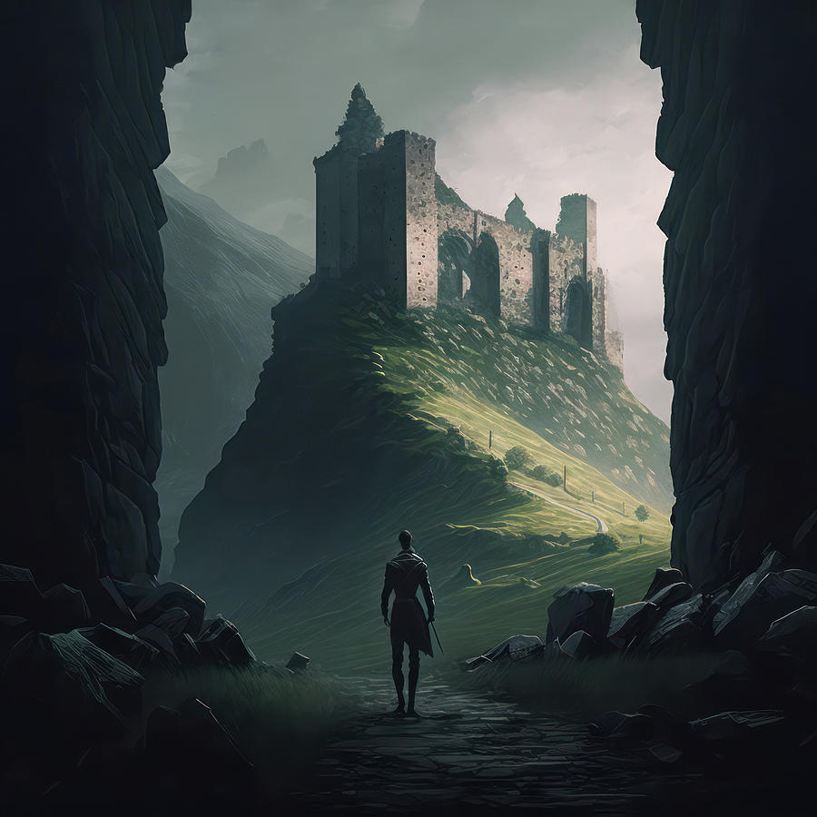 Generative AI illustration of castle ruins in mountain landscape ...