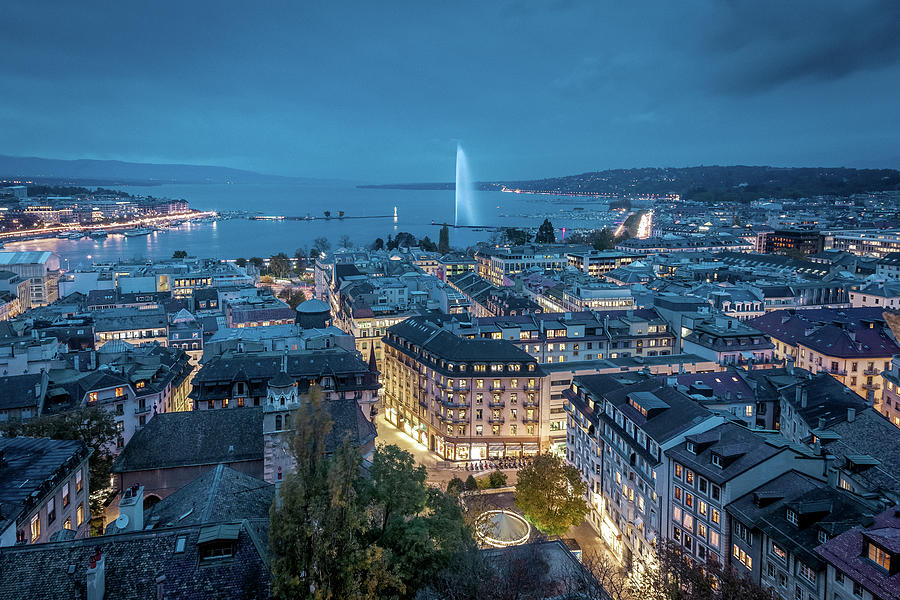 Geneva City center by Night Photograph by Benoit Bruchez