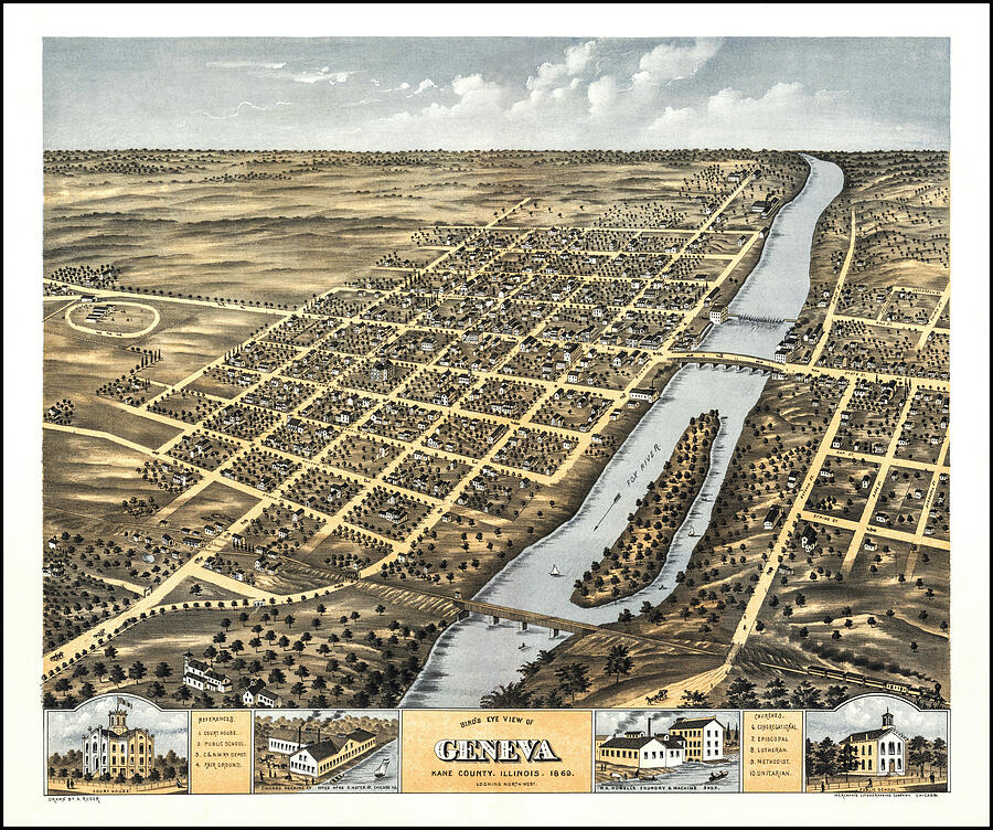 Geneva Illinois Vintage Map Aerial View 1869 Photograph by Carol Japp 